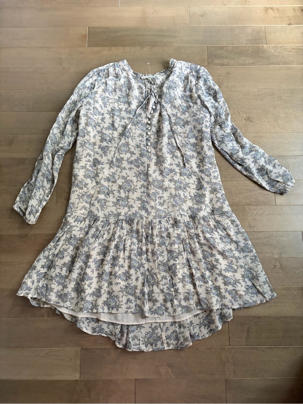 Floral Ruffle Hem Long Sleeve Tunic Dress - Blue on Cream